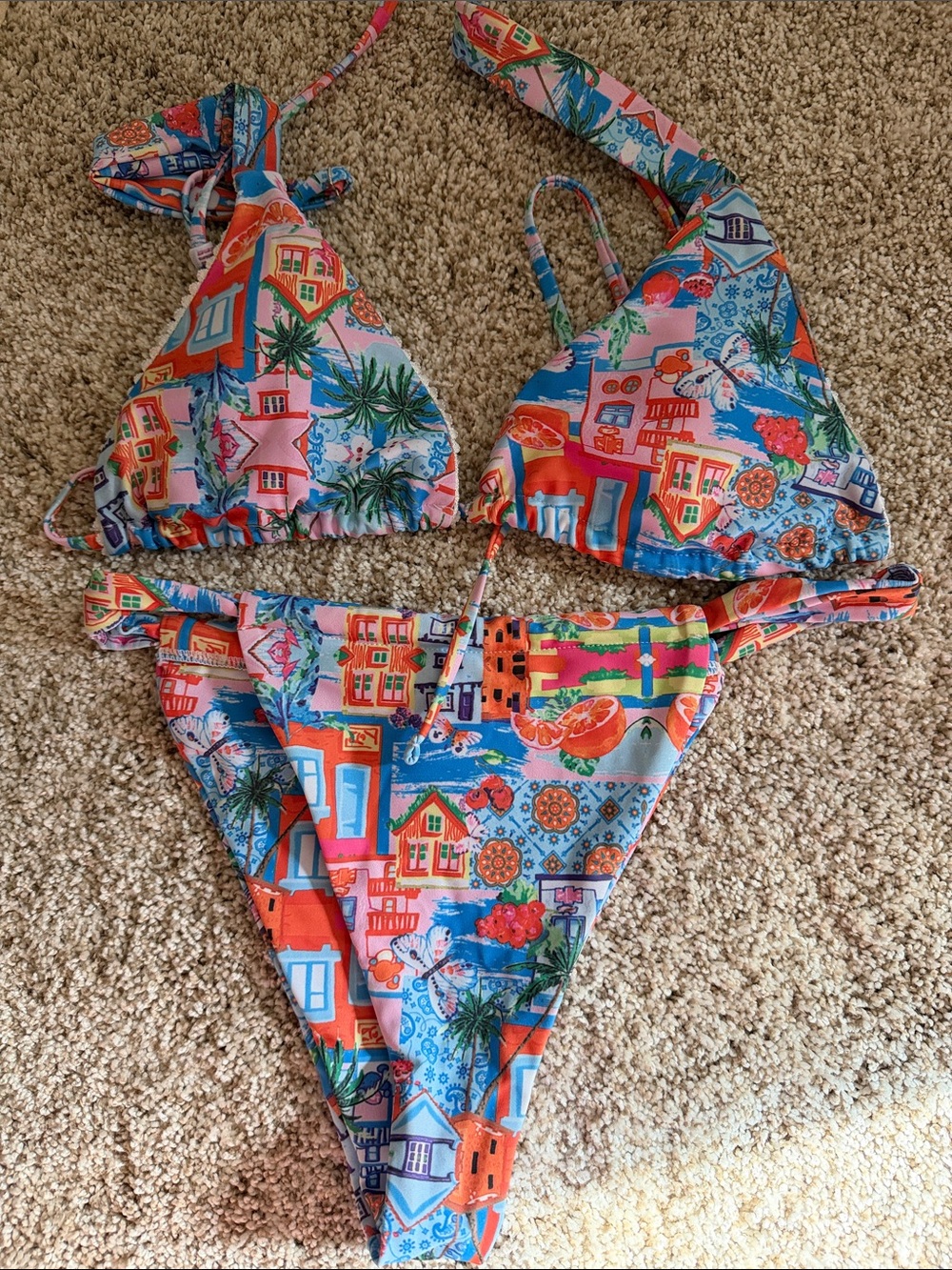 Xhilaration Tropical Village Print Bikini - Blue, Pink, Orange